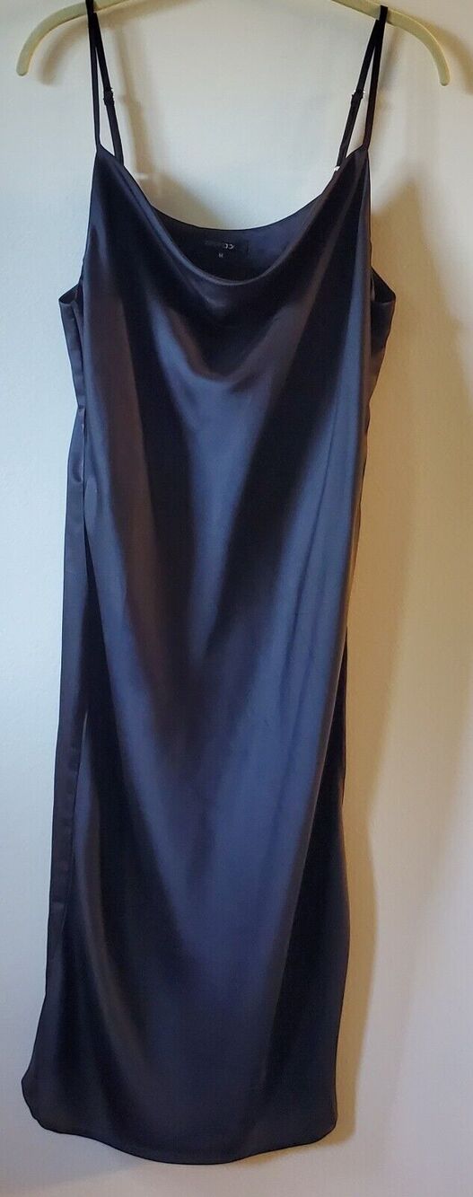 Papermoon Slip Dress Black Satin Midi Cowl Neck Adjustable Strap LBD Classic Med